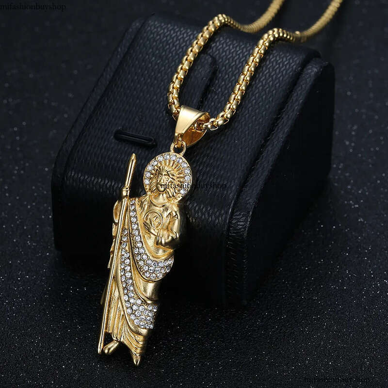 Hip Hop St.Jude Pendant Necklace Full Zircon 316L Stainless Steel Gold Plated Mens Jewelry