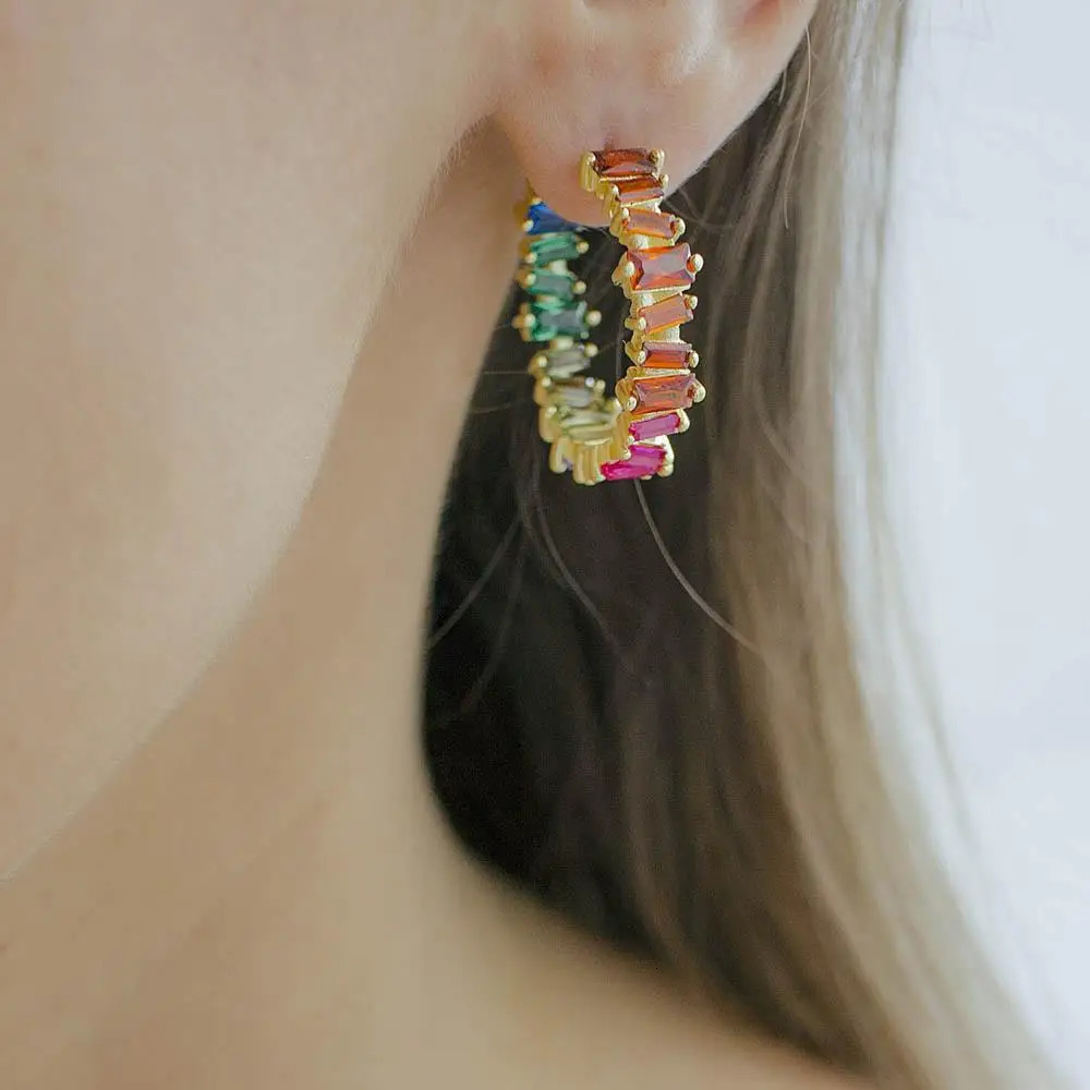 Rainbow colorful cz hoop earring gold color classic gorgeous european fashion huggie jewelry for women 250930
