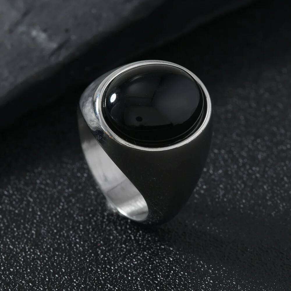 Vintage Men's Women Stainless Steel Oval Natural Stone Opals Rings Wedding Bands