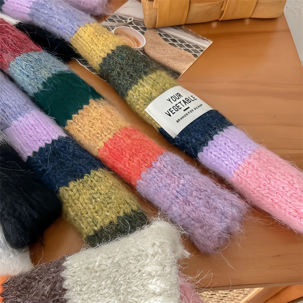 Women Rainbow Stripe Knitted Scarf Patchwork Clashing Colors Long Soft Scarves Female Winter Premium Feeling Weenie Scarf Shawl 250930