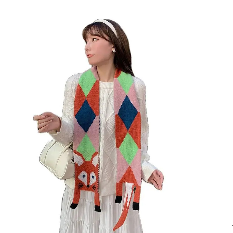 Autumn Winter Childrens Cartoon Fox Knitted Scarf Baby Boys Girls Warm Women Shawl Kids Female Knitted Animal Women Scarf 250929