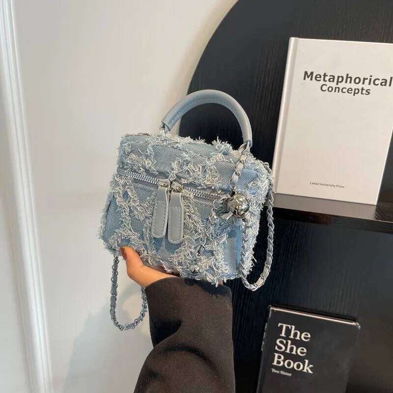 Womens Niche Design Denim Small Ashionable Mini Hand-held Box Summer Chain Crossbody Blue Color Funny Simple Bag