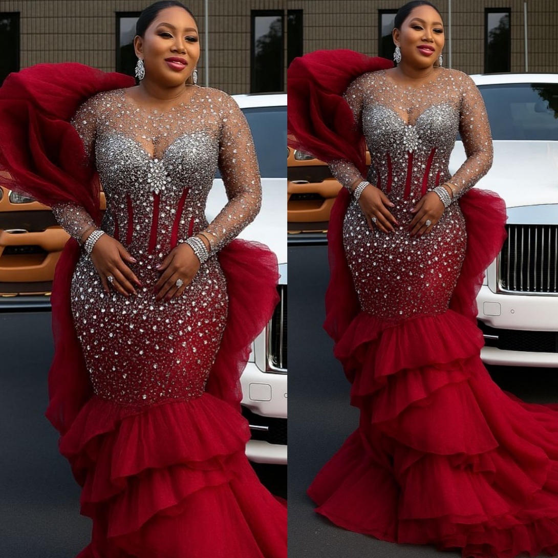 Mermaid Dark Red Prom Dresses 2025 Beaded Crystals Tiers Tulle Evening Formal Party Second Birthday Engagement Gowns Plus Size Dress For Special Occas