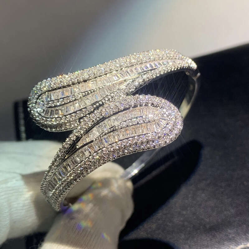 Handmade Jewelry Sterling Sier T Shape White Clear Topaz CZ Dia Eternity Cross Bangle Women Wedding Wrist Bracelet Gift