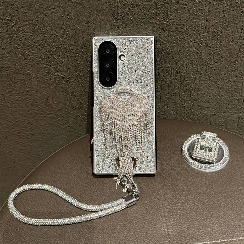 Fashion Glitter Magnetic Phone Case For Samsung Galaxy Z Fold 7 6 5 4 3 Fold6 Fold7 Cover with Magsafe Love Stand Chain Cases