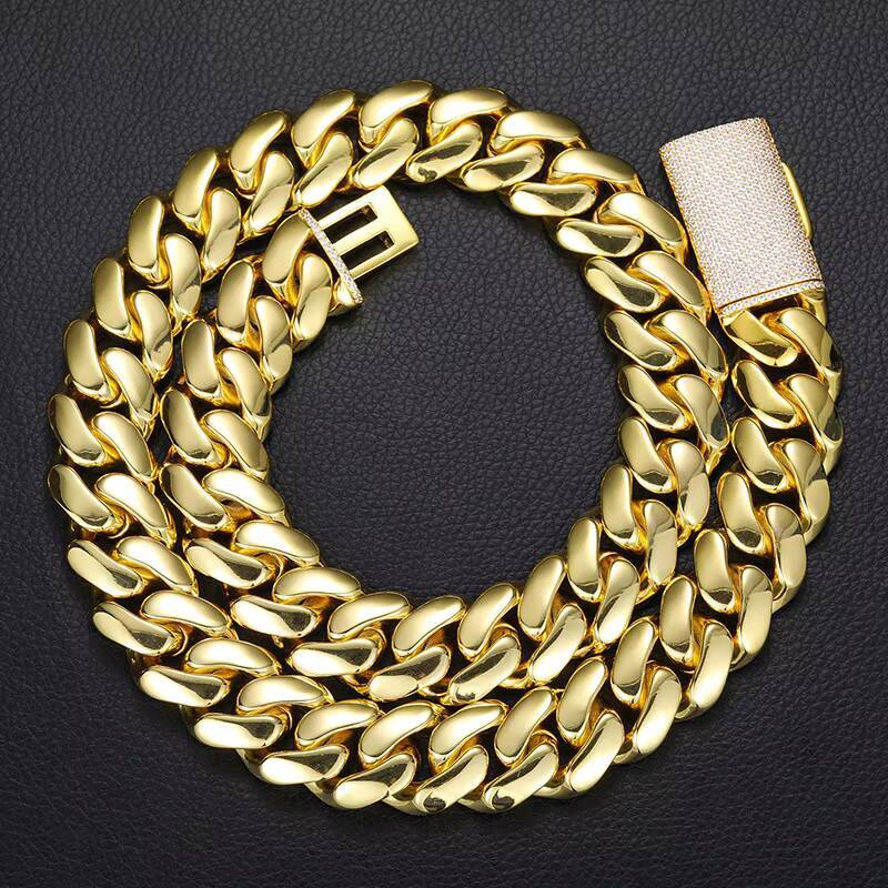 14K 18K Gold Plated Miami Cuban Link Chain Solid Brass Hip Hop Necklace with Zircon for Men for Anniversaries 10mm22mm