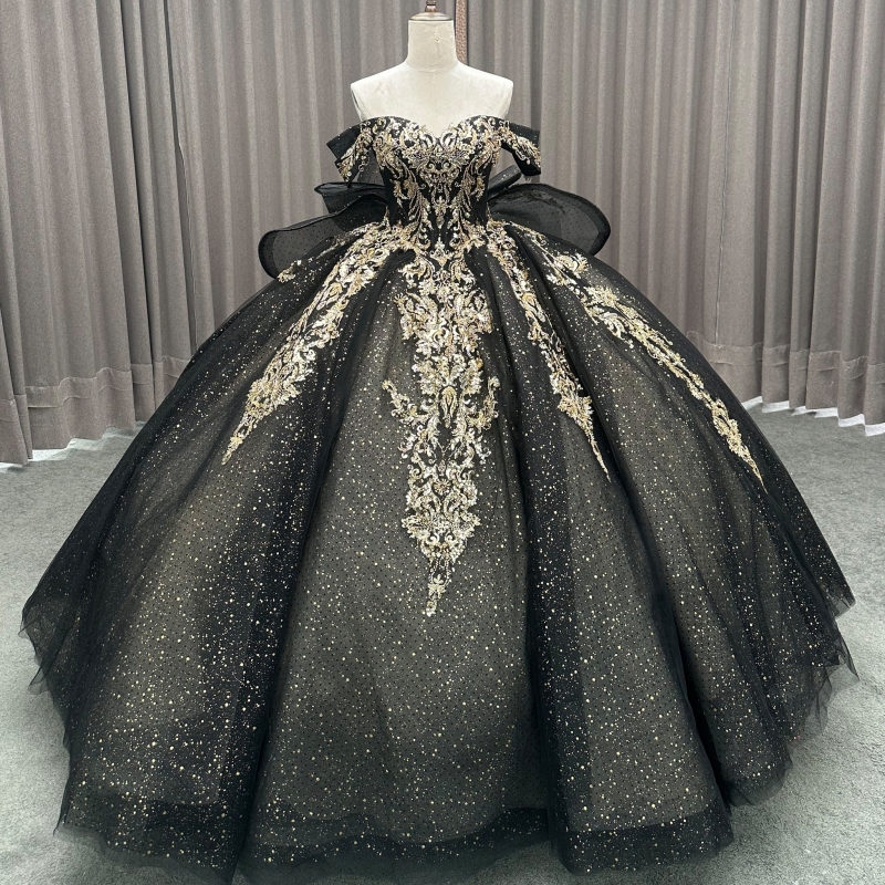 Black Shiny Quinceanera Dresses Off The Shoulder Sequin Applique Lace Bow Beading Crystal Tull Party Birthday Sweet 16 Dress Vestidos 15 De Anos