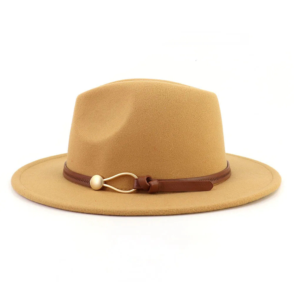 Brown Belt Buckle Jazz Fedora Hat Autumn Winter Women Men Party Church Top Hat Wide Brim Sun Hat Felt Panama Cap 250930