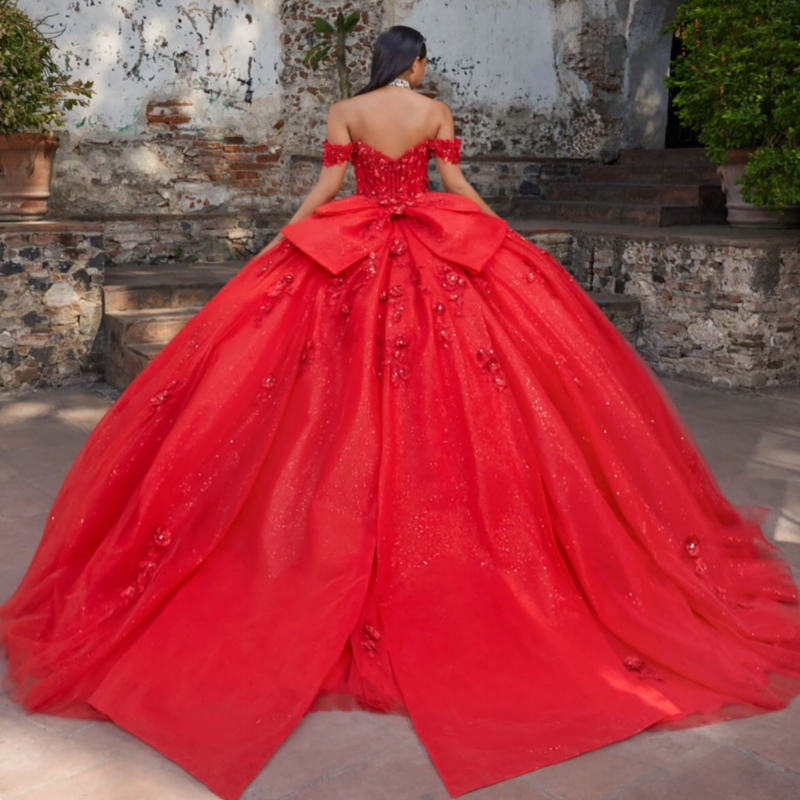 Red Shiny Quinceanera Dresses Off The Shoulder Applique Flower Beading Crystal Bow Tull Party Birthday Sweet 16 Dress Vestidos 15 De Anos