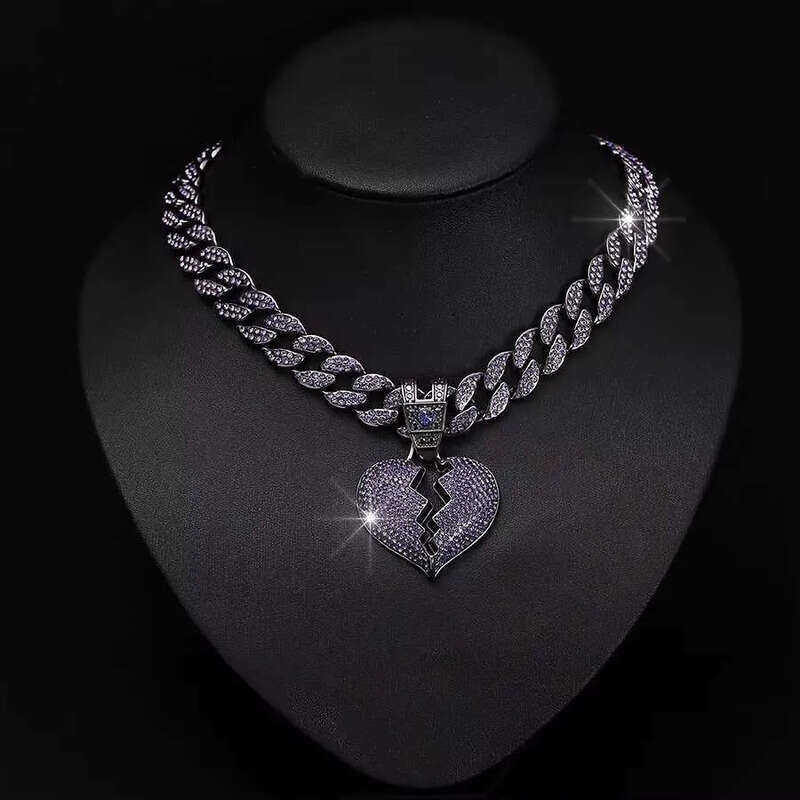 DHCollections Unisex Hip Hop Heart Break Pendant Necklace Punk Style with Dia Pearl Zircon Stainless Steel & Zinc Alloy Chains for Gift