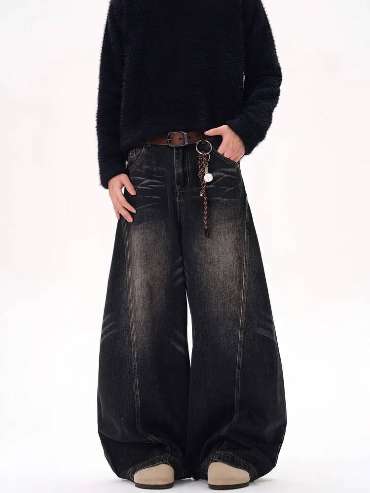 Vintage Black Washed Baggy Jeans Men Wide leg Curved Blade Pants Streetwear Cowboy Casual Denim Straight Trousers dongdumaoyi