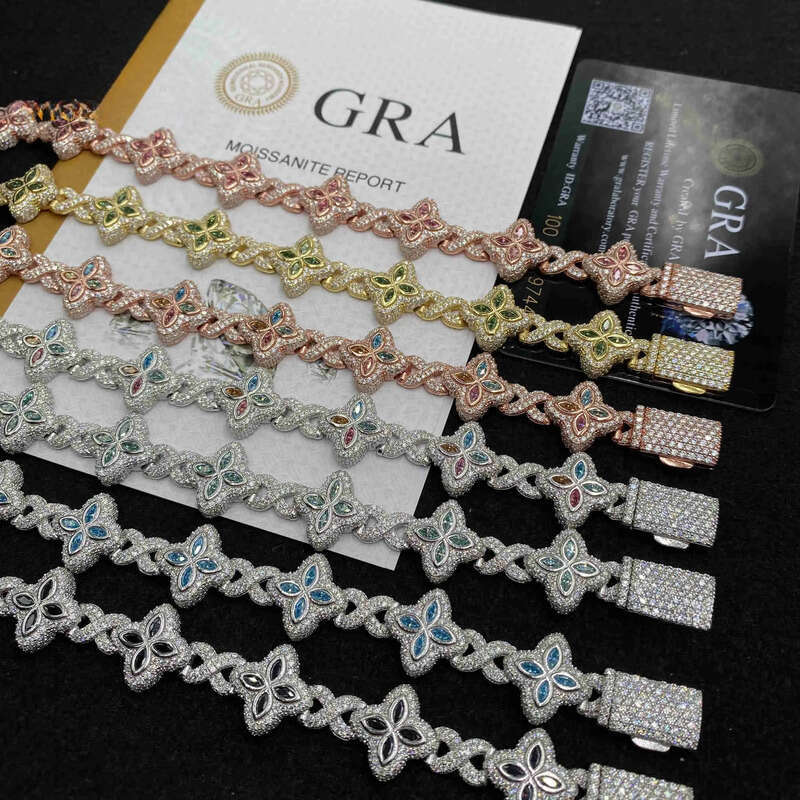 Colorful Marquise Flower Design 15mm Custom Iced Out Hip Hop Jewelry Cuban Link Chain Sier VVS Moissanite Bracelet