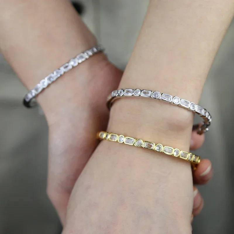 Valentines Day Gift Bezel Set Geometric 5A Heart Round Rectangle Cz Charm Bangle Bracelet Women Lady Wedding Jewelry 250930