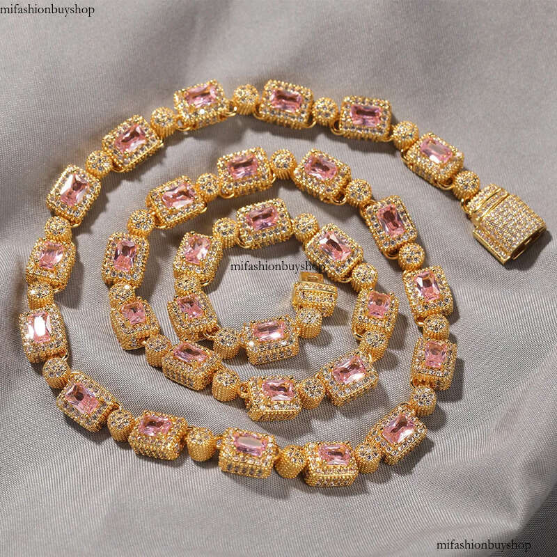 Hip Hop Tennis Chain Necklace Bracelet White Pink Zirocn Gold Plated Men Women Lover Couple Jewelry