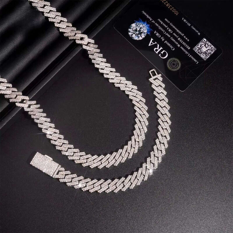 Hot Sale Straight 12mm Two Row Hip Hop Iced Out Sterling Sier Moissanite Necklace Cuban Link Chain