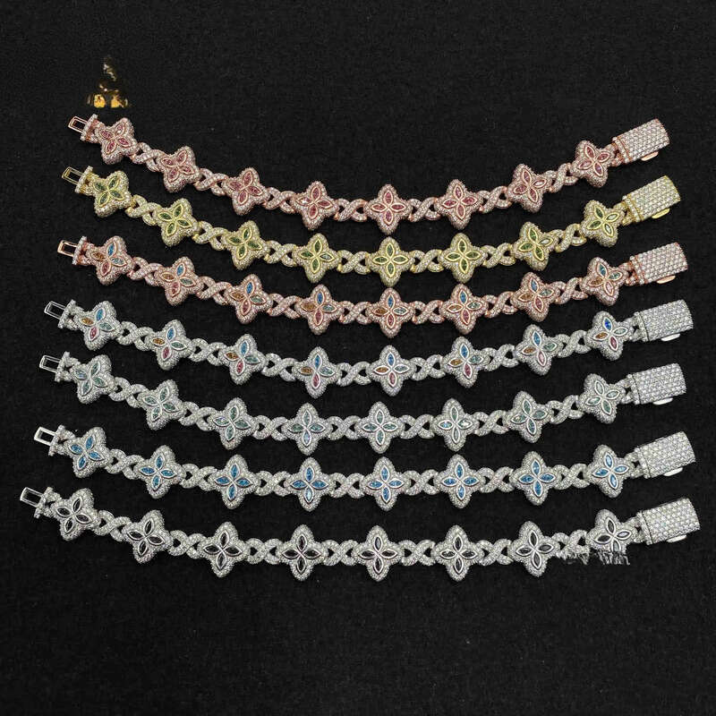 Colorful Marquise Flower Design 15mm Custom Iced Out Hip Hop Jewelry Cuban Link Chain Sier VVS Moissanite Bracelet