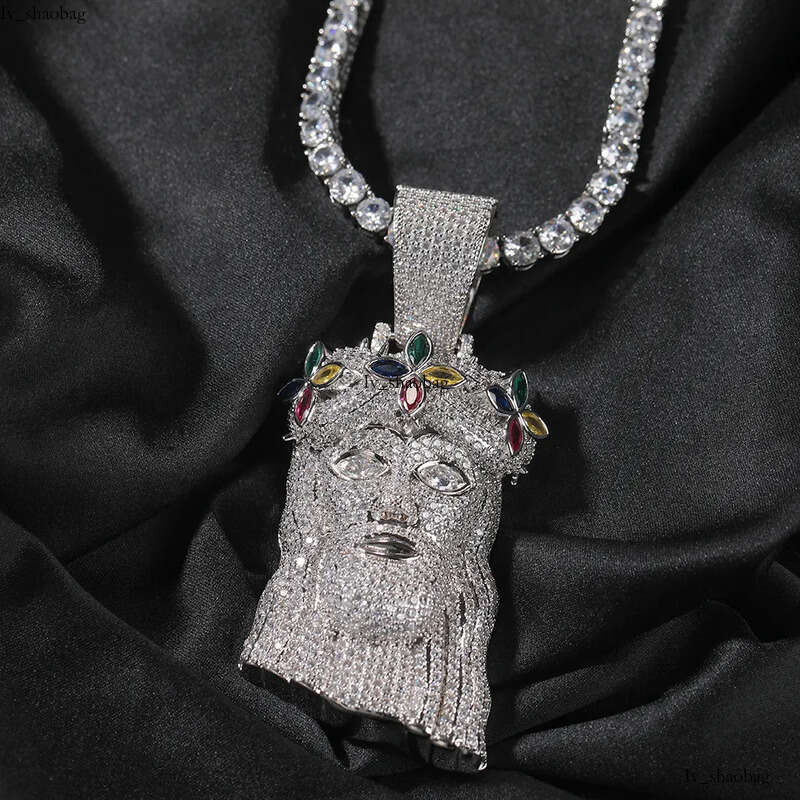Hip Hop Colorful Cross Flower Jesus Pendant Necklace 5A Zircon Religious Jewelry