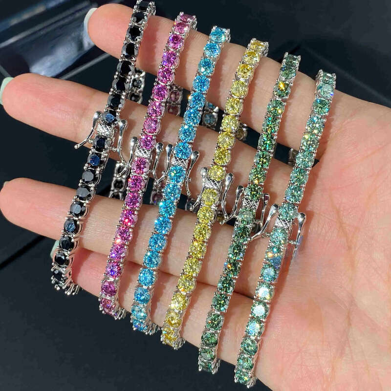 FancyJewelry Hip Hop Sterling Sier VVS Dia 3mm Moissanite Tennis Bracelet Black Blue Blue-Green Yellow Pink