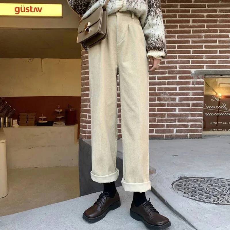 Vintage Corduroy Wide Leg Women High Waist Pockets Baggy Trousers Streetwear Korean All Match Black Casual Straight Pants dongdumaoyi