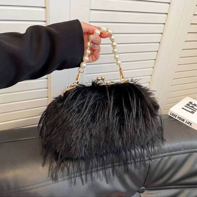 Beading Chain Women's Evening Plush Handbags Faux Fur Tassel Ladies Shoulder Bag Elegant Female Crossbody Bags Party Furry Purse
