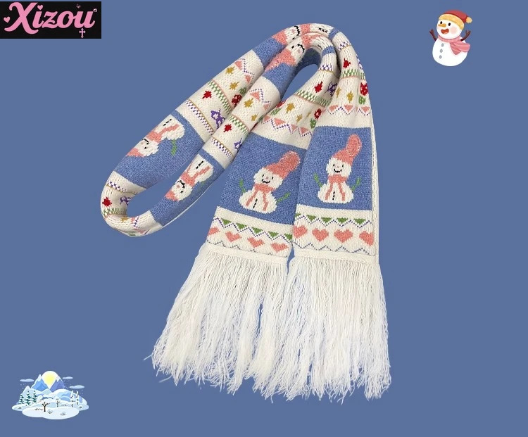 Japanese Retro Jacquard Soft Snowman Hand Embroidered Fringed Scarf To Keep Warm Niche Fashion Versatile Knitted Scarf Unisex 250930
