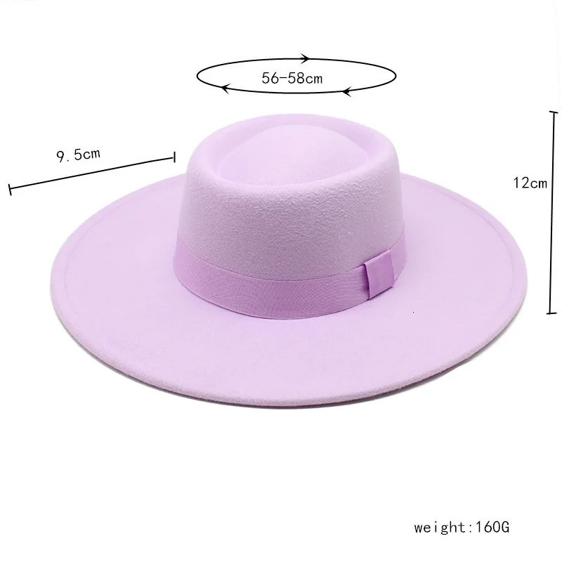 95cm Brim Round Top Hat Solid Color Flat Top Boater Style Fedora Hats for Women Men Party Wedding Church Felt Cap 250930