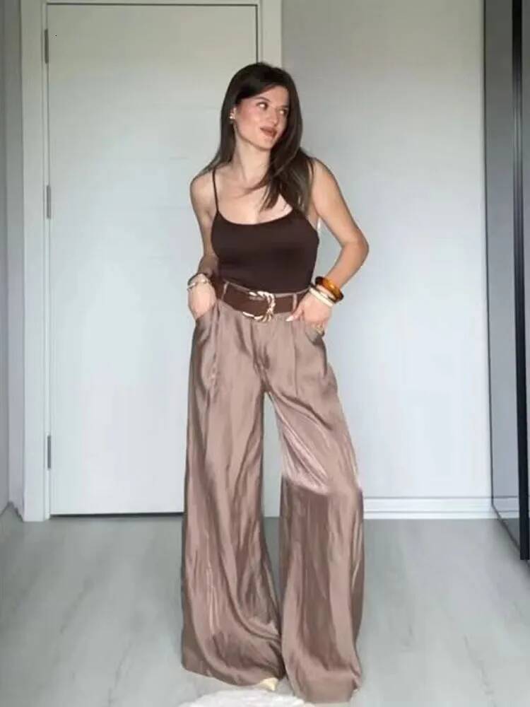 Women New Fashion Solid Belt Wrinkles Decorate Casual Loose Trousers Female Chic Zipper Side Pocket Slim Wide Leg Pants dongdumaoyi
