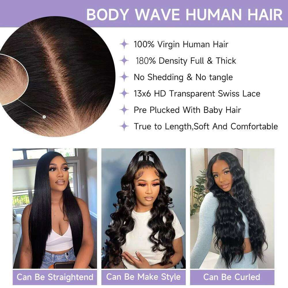 32 Inch Body Wave Front Pre Plucked With Baby 13X6 HD Lace Frontal Human Hair Wigs 180 Density Natural Color Xiusiyuan2510