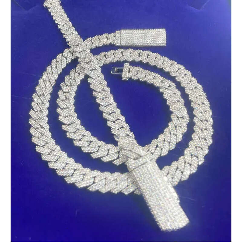S Solid Sier Chain Jewelry 2rows 10mm 12mm Width GRA Moissanite Dia Cuban k chain Hip Hop Necklace