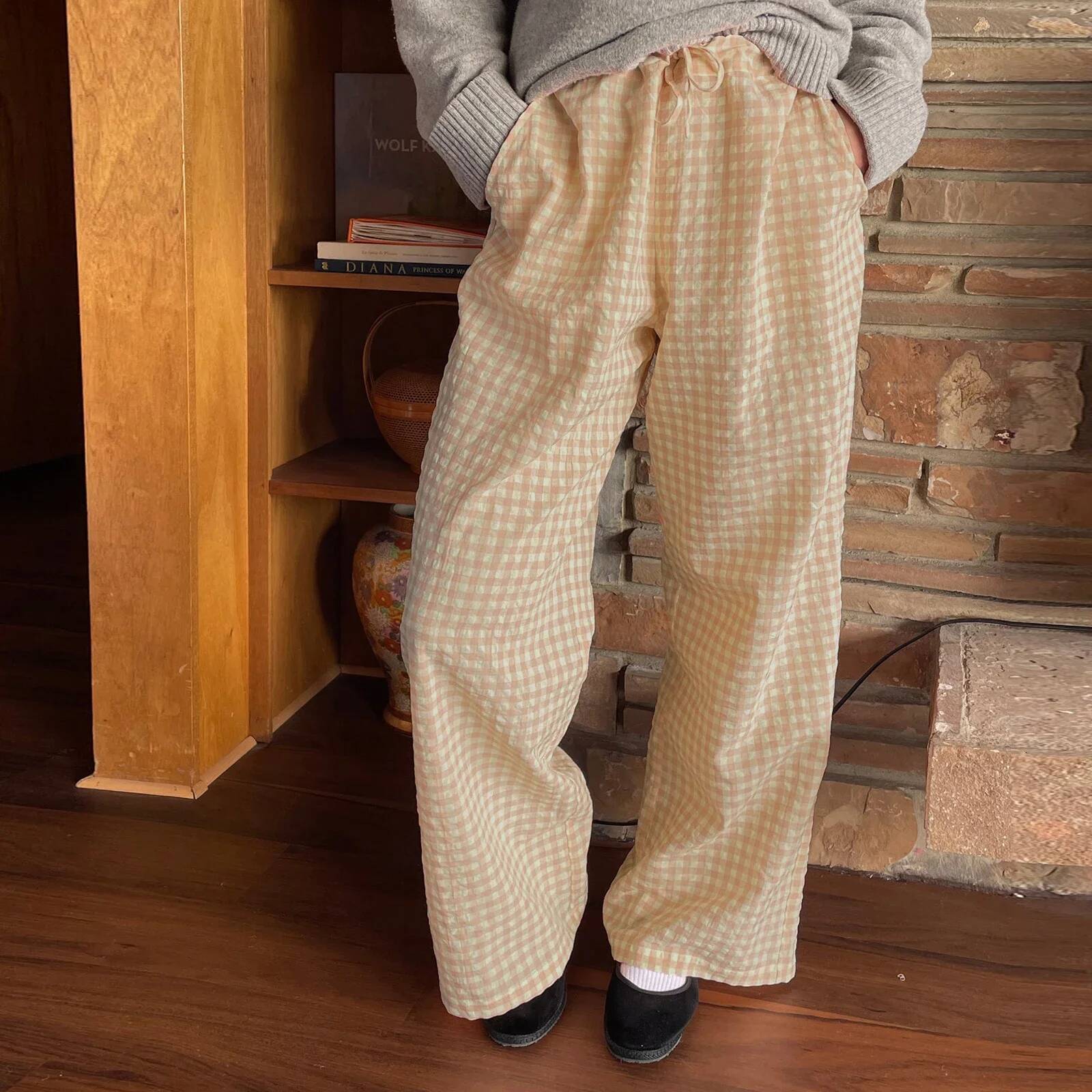 Combhasaki Women's Y2K Retro Aesthetic Wide Leg Drawstring Thin Pants Summer Casual Elastic Plaid Loose Trousers with Pockets dongdumaoyi