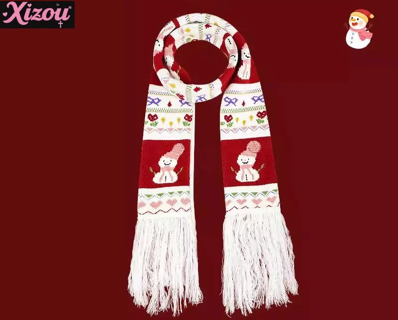 Japanese Retro Jacquard Soft Snowman Hand Embroidered Fringed Scarf To Keep Warm Niche Fashion Versatile Knitted Scarf Unisex 250930