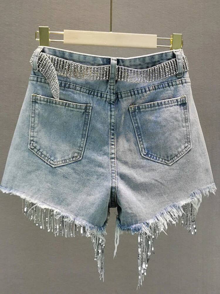 Summer Elegant Lady Tassel Beading High Waist Wide Leg Denim Female Casual Solid Shorts Jeans for Women Clothing dongdumaoyi