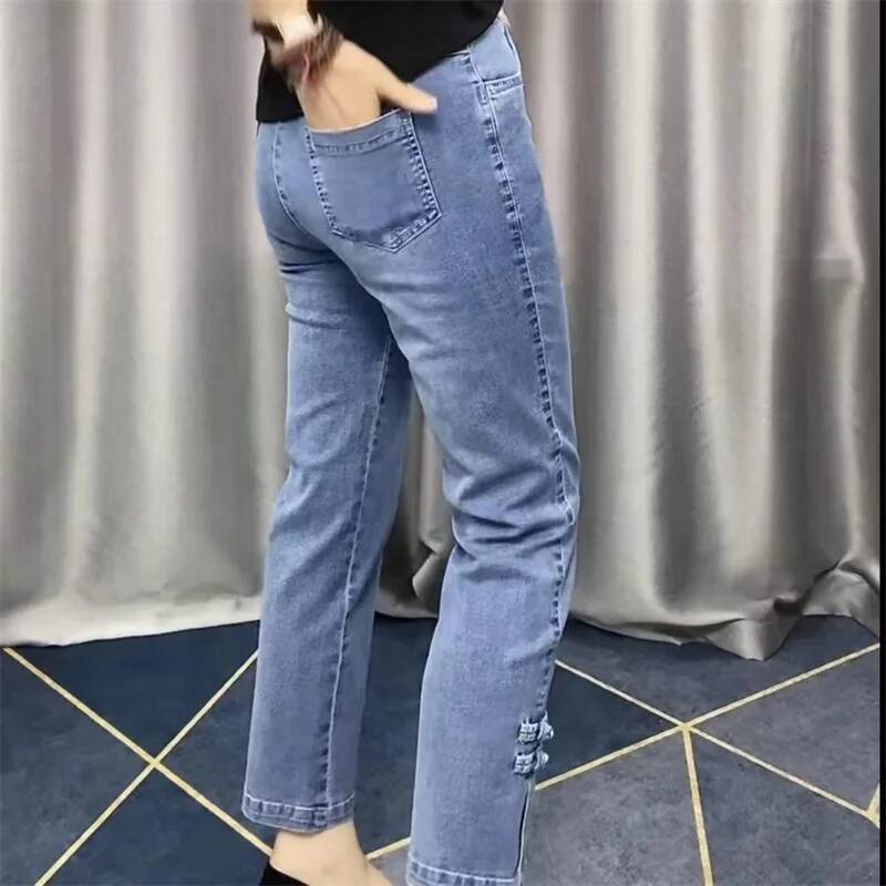 2025New Spring Autumn High Elasticity Women Jean Korean Loose Straight Ankle-Length Cowboy Female Extends Denim Pants Lady dongdumaoyi