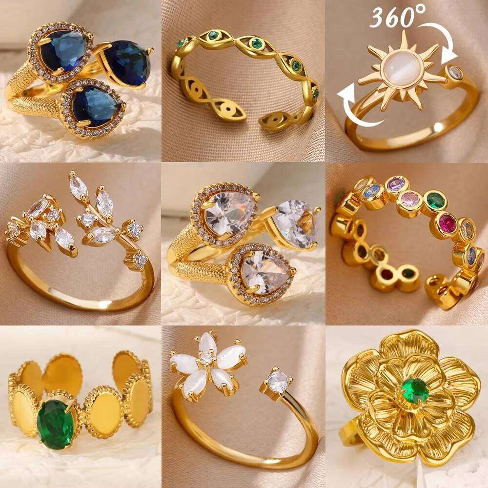 Gemstone Flower Stainless Steel Rings Zircon Adjustable Ring Women Wedding Anti Fading Jewelry Vacation Accessories Gift
