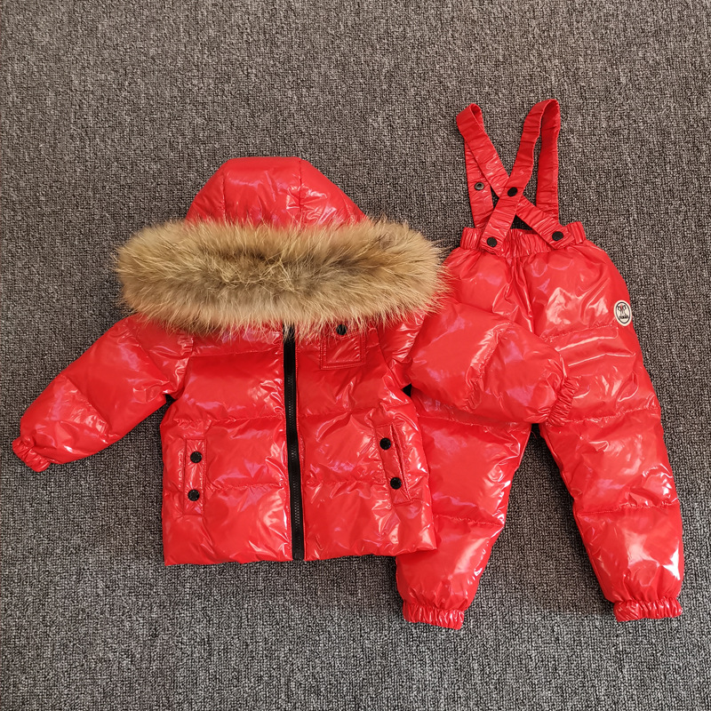 New Winter Edition Kids Down Jacket Overalls Set Big Fur Collar Boys Girls Babies Children's Clothing Skiing Clothes