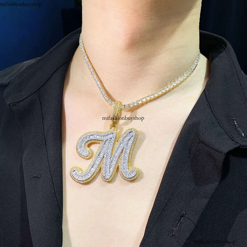 Hip Hop Custom A-Z Cursive Letters Pendant Necklace 5A T Zircon Real Gold Plated Mens Jewelry