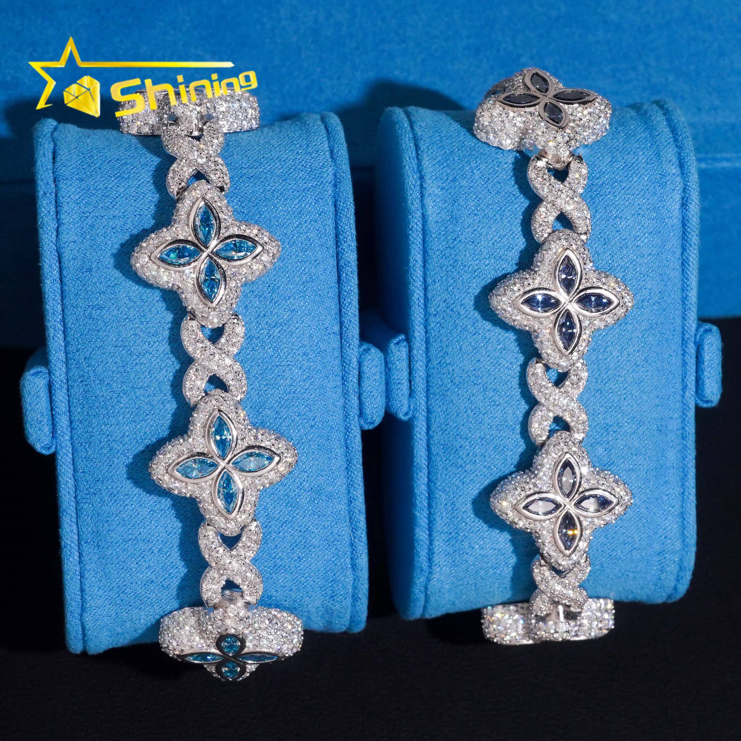 Hip Hop Jewelry 925 Silver 18mm VVS Blue Moissanite Clover Bracelet Custom Iced Out Moissanite Bracelet for Men Women