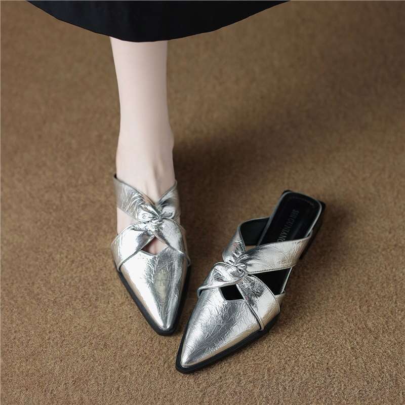 Stunning Designer Shoe French Style silver Low heel Closed Mules for Women 2025 New Comfortable Pointed Toe Sandals