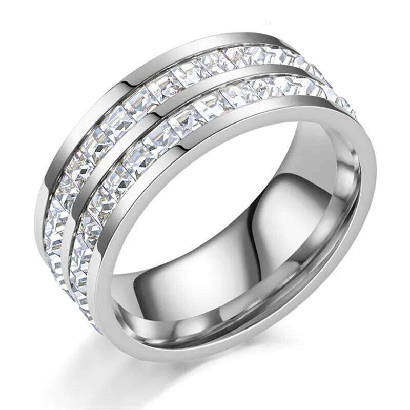Gold Color Single Double Row Square Zircon Stainless Steel Ring For Women Romantic Engagement Wedding Party Jewelry Gifts