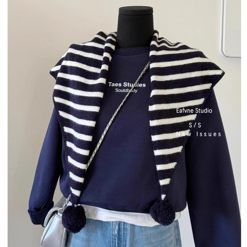 Cute Striped Triangle Scarf with Pom Women Autumn Winter Shawl Neck Warm Chic Scarves for Ladies Small Knit Triangular Scarf 250930