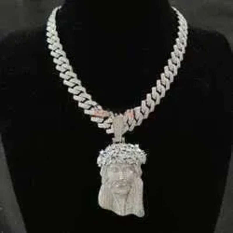 necklace moissanite chain Jesus Pendant with 13mm Moissanite Cuban Chain Necklace Hip Hop Jewelry for Men Gift