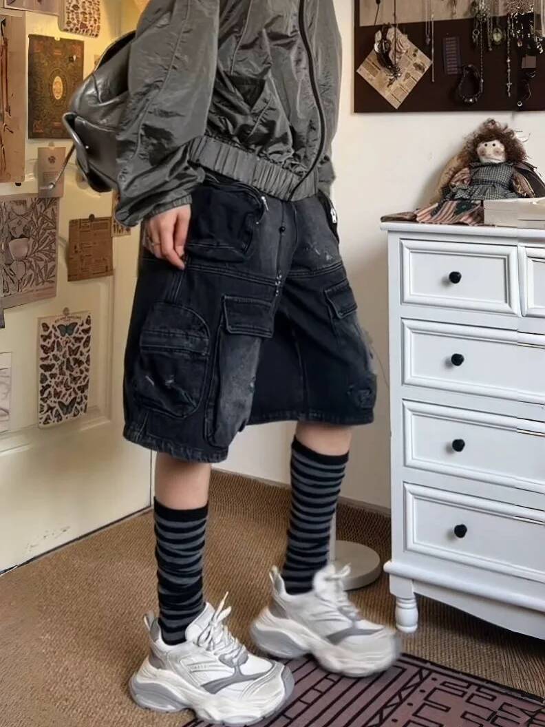 American street oversized washed vintage multi pocket women workwear denim shorts high waisted straight leg pants dongdumaoyi