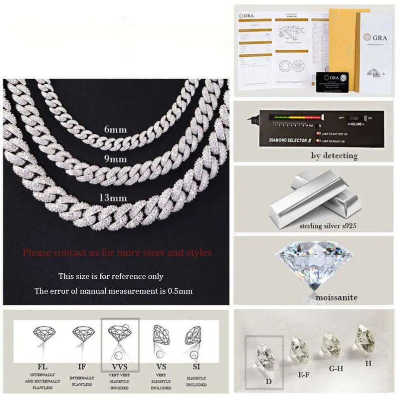 15mm Baguette Iced Out Sier Hiphop VVS Dia Moissanite Cuban k Chain