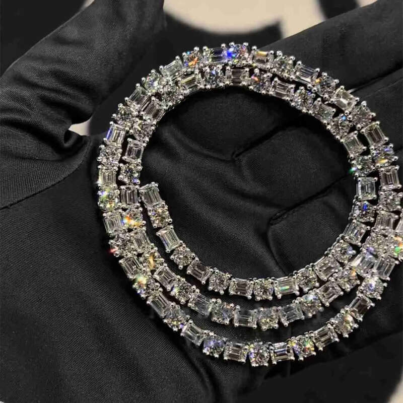 F Color Vvs Baguette/emerald Dia Tennis Chain Necklace Real Sterling Sier 5mm Moissanite