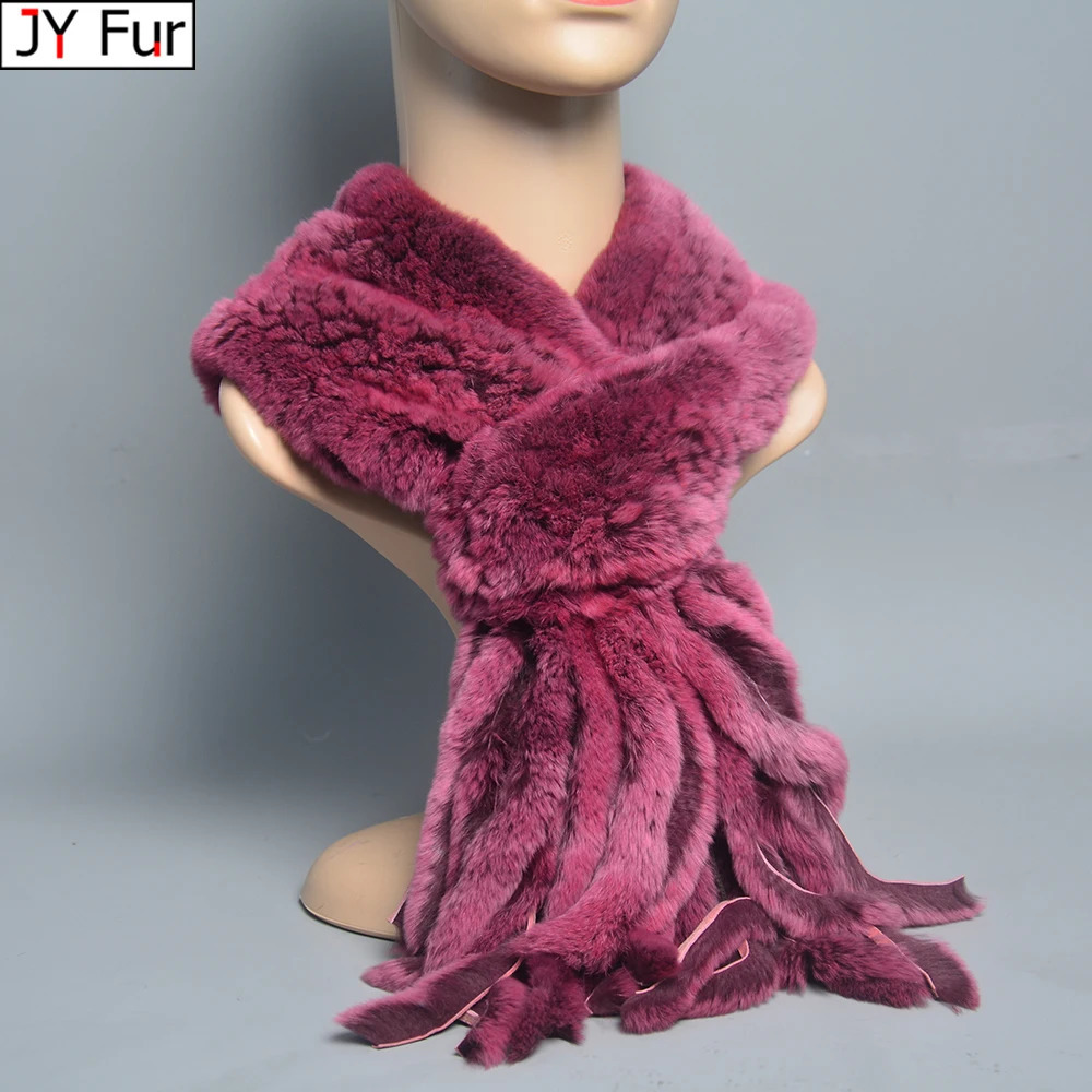 Lady Knitted Real Rex Rabbit Fur Tassel Scarve Winter Warm Natural Rex Rabbit Fur Muffler Thick Knit Real Fur Scarf 250929