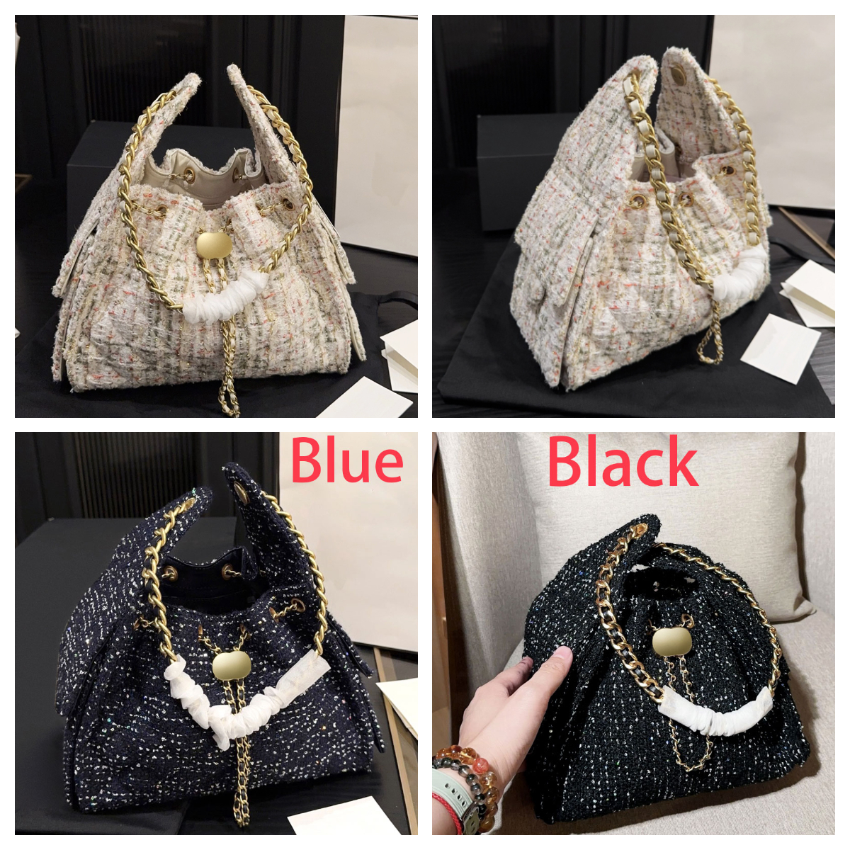 Designer Tweed Bag Women's Luxury 25C Drawstring Bucket Bag Twill Tweed Shoulder Crossbody Bag Large Capacity Hobo Bag Underarm Bag Designer Weekend Bag Winter Bag
