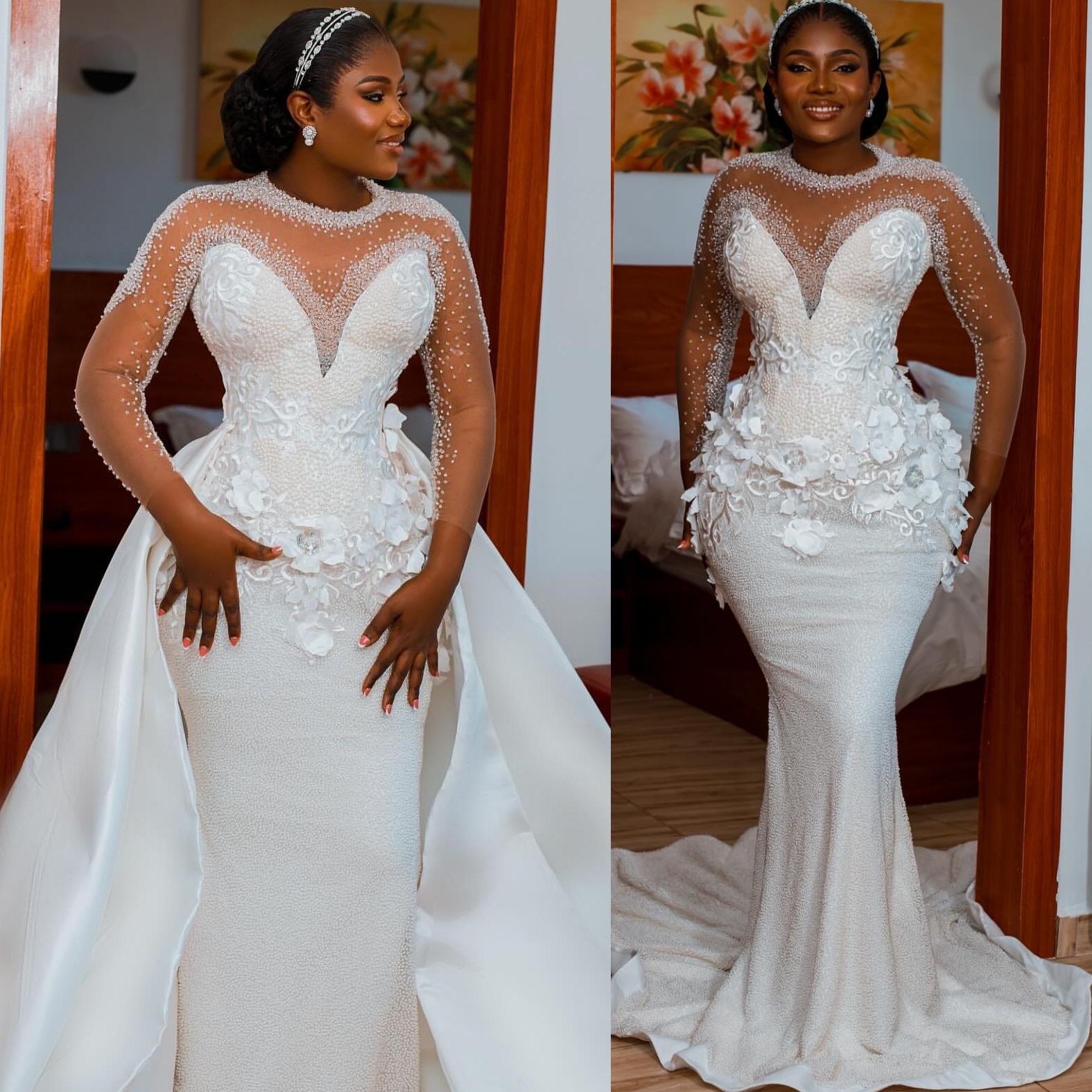 2025 Aso Ebi Plus Size Ivory Mermaid Wedding Dress Lace Flowers Sequined Beaded Detachable Train Vintage Bridal Gowns Dresses robe de mariee ZHJ0452