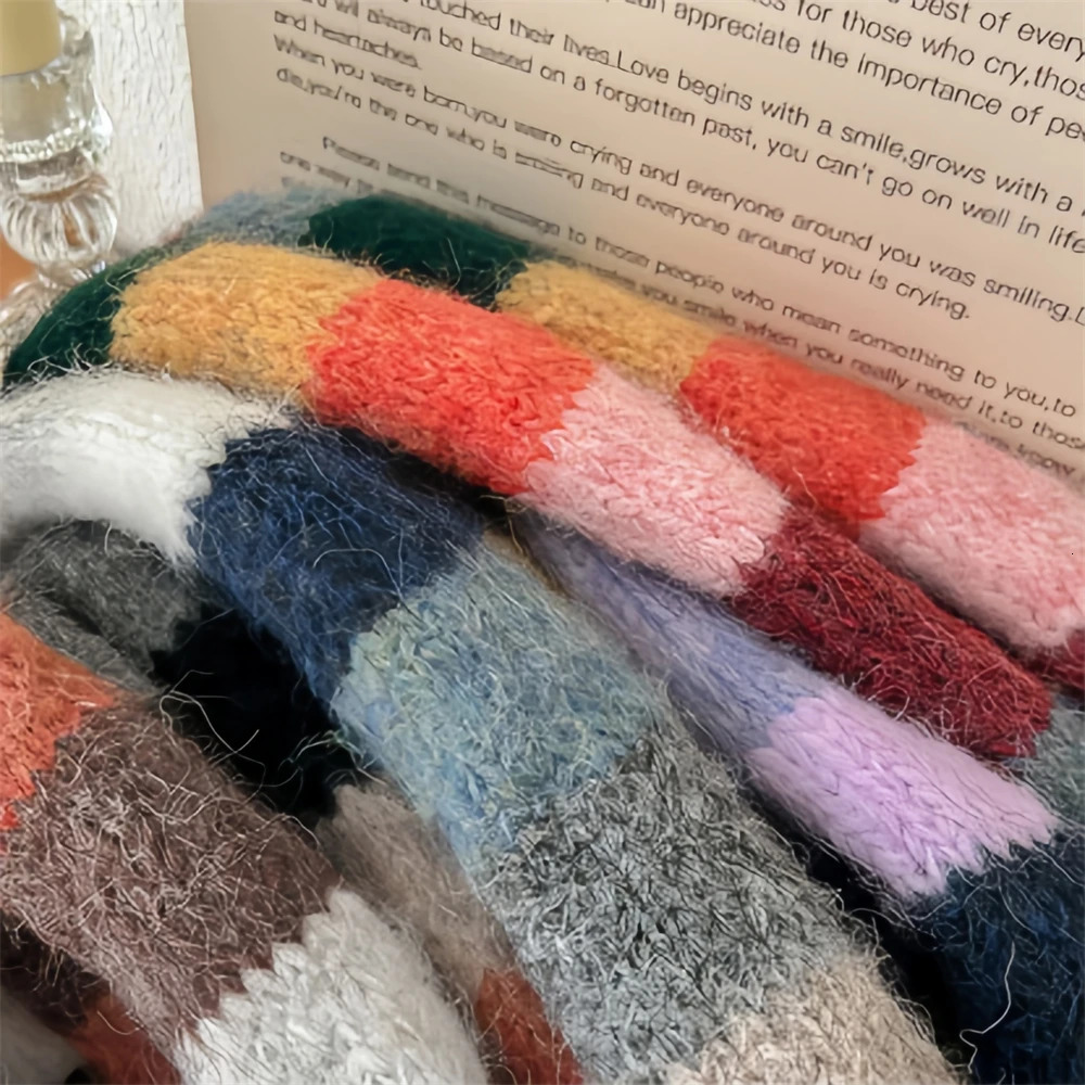 Women Rainbow Stripe Knitted Scarf Patchwork Clashing Colors Long Soft Scarves Female Winter Premium Feeling Weenie Scarf Shawl 250930