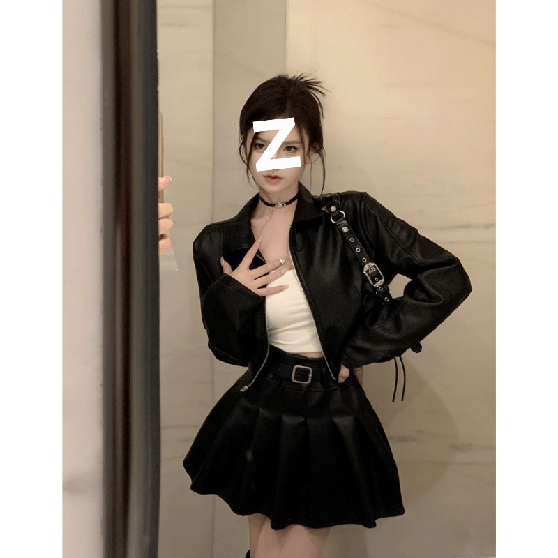 Spicy Girl Short Leather Jacket and Leather Mini Skirt Set for Women Cool and Stylish College Style Black Motorcycle Jacket Full Set 250122