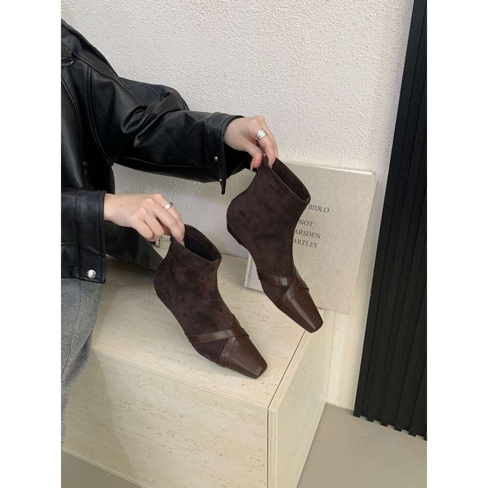 Spliced Square Toe Short for Women 2025 Autumn New Style Back Designer Shoe Zipper Slim Low heel Bare Simple Versatile Fashion Boots
